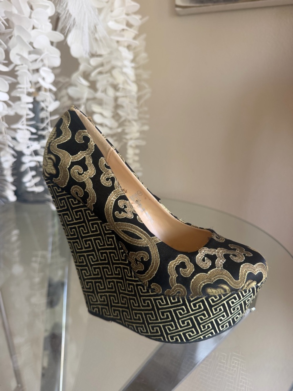 Vintage Black and Gold Brocade Wedge Pump